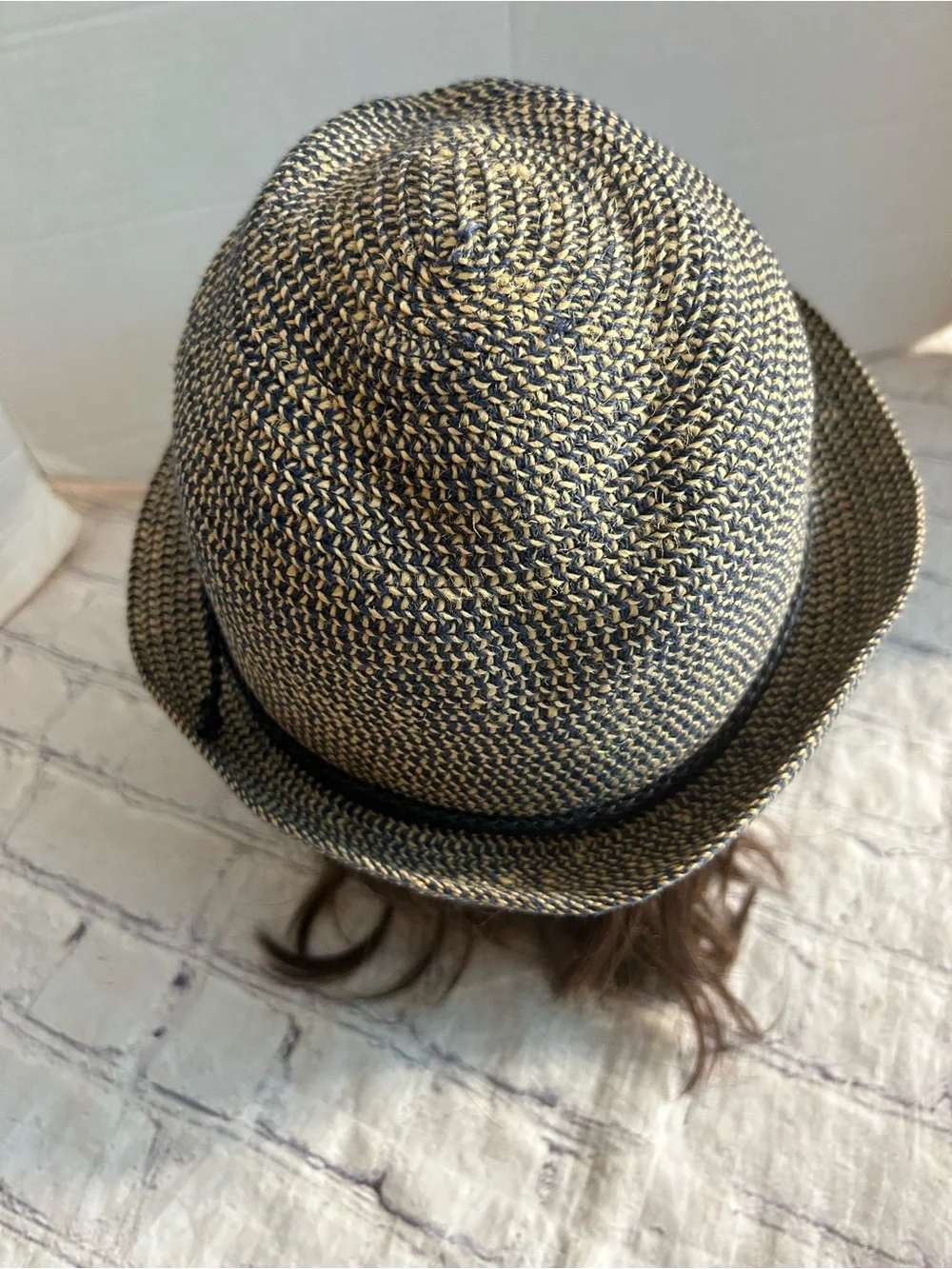 H&M NAVY & TAN MIX WITH WOVEN BAND FEDORA STYLE SIZE MEDIUM